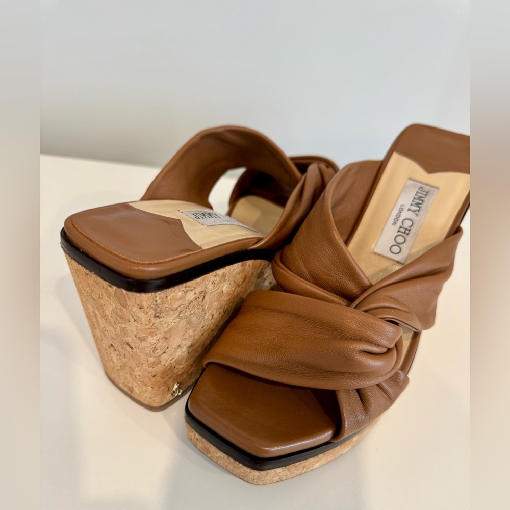Jimmy Choo Women's Tan Leather Wedge Sandals